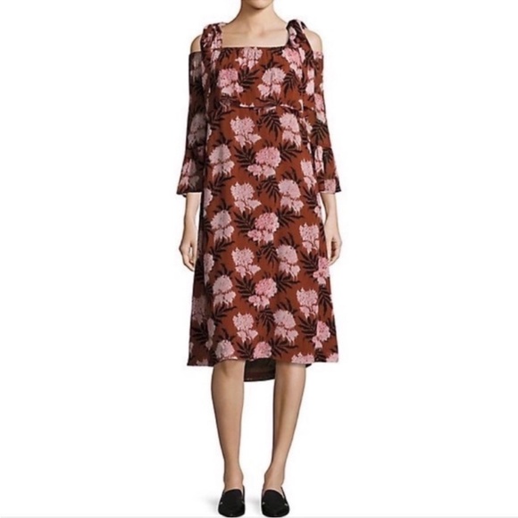 GANNI Brandy Brown Monette Georgette Floral Cold Shoulder Midi Dress